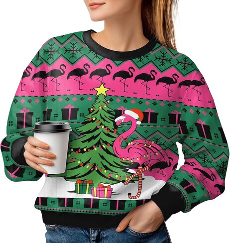 34HD Flamingo Ugly Christmas Sweater 2024, Funny Sweatshirt Long-Sleeve Crewneck, Flamingo Gifts for Women in Saudi Arabia