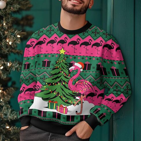 34HD Flamingo Ugly Christmas Sweater 2024, Funny Sweatshirt Long-Sleeve Crewneck, Flamingo Gifts for Women in Saudi Arabia