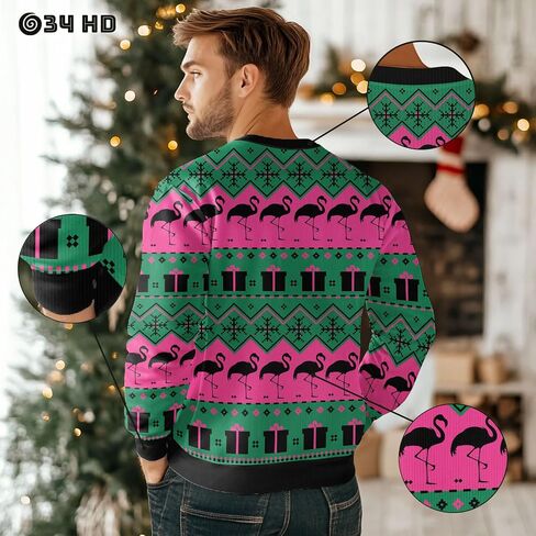 34HD Flamingo Ugly Christmas Sweater 2024, Funny Sweatshirt Long-Sleeve Crewneck, Flamingo Gifts for Women in Saudi Arabia