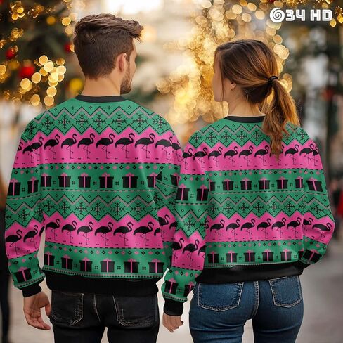 34HD Flamingo Ugly Christmas Sweater 2024, Funny Sweatshirt Long-Sleeve Crewneck, Flamingo Gifts for Women in Saudi Arabia
