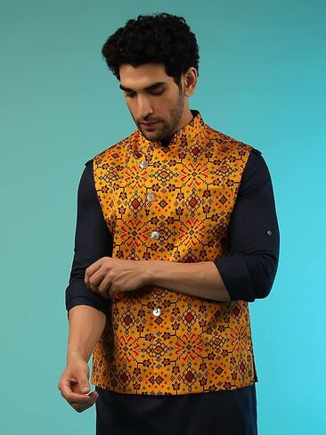 Elina fashion Men's Indian Nehru Jacket || Printed Bandhgala Jodhpuri Sleeve Less ONLY Waistcoat in Kuwait