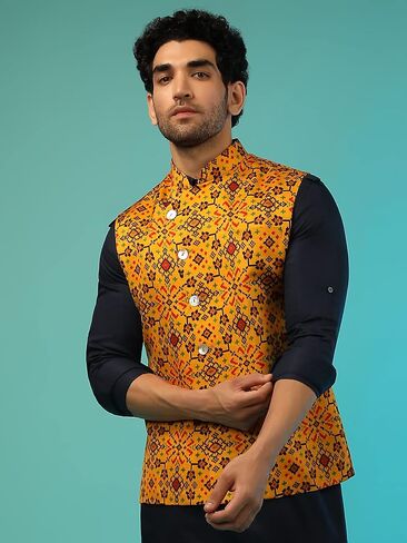 Elina fashion Men's Indian Nehru Jacket || Printed Bandhgala Jodhpuri Sleeve Less ONLY Waistcoat in Kuwait