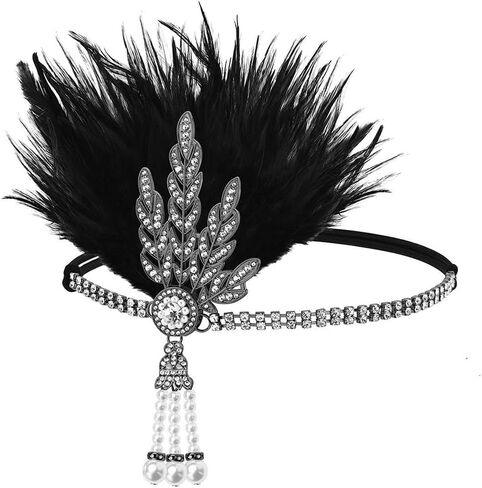 GORTIN 1920's Flapper Feather Headband Art Deco خوذة مستوحاة من أوراق الشجر ميدالية اللؤلؤ in Kuwait