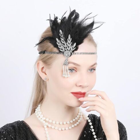 GORTIN 1920's Flapper Feather Headband Art Deco خوذة مستوحاة من أوراق الشجر ميدالية اللؤلؤ in Kuwait