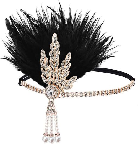 GORTIN 1920's Flapper Feather Headband Art Deco Headpiece Inspired Leaf Medallion Pearl Headband in Saudi Arabia
