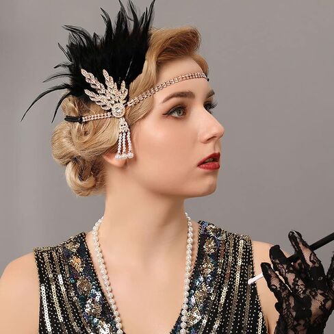 GORTIN 1920's Flapper Feather Headband Art Deco Headpiece Inspired Leaf Medallion Pearl Headband in Saudi Arabia