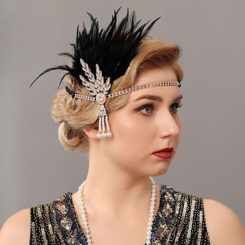 GORTIN 1920's Flapper Feather Headband Art Deco Headpiece Inspired Leaf Medallion Pearl Headband in Saudi Arabia