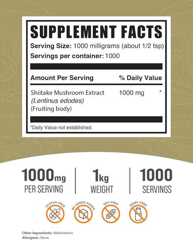 BulkSupplements.com Shiitake Mushroom Extract Powder - Shiitake Mushroom Supplement, Shiitake Mushroom Powder - Gluten Free, 1000mg per Serving, 250g (8.8 oz) (Pack of 1) in Kuwait