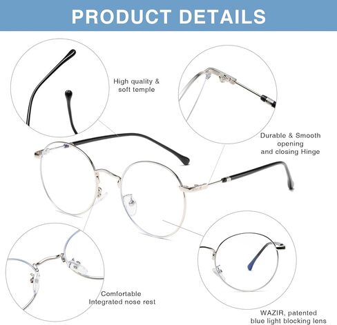 WAZIR Round Computer Blue Light Blocking Glasses For Women/Men, Lightweight, Metal Frame, Anti-Glare, Anti-Eyestrain, Gaming in Saudi Arabia
