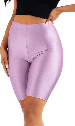 OFENTI Shiny Biker Shorts Colorful Knee Length High Waist Active Slip Shorts Boy Shorts Dance Yoga Running Lounge in Kuwait