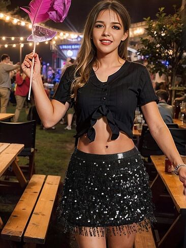 تنورة نسائية من MYMORE ذات شراشيب من الترتر اللامع - تنورة سوداء صغيرة لحفلات الديسكو والفضاء وراعية البقر اللامعة in Saudi Arabia