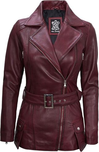 سترة جلدية نسائية غير متماثلة من Decrum - سترات من جلد الخراف الحقيقي بحزام للنساء in Kuwait