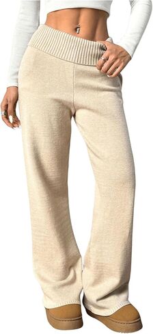 MakeMeChic Women's Flared Leg Pants Elastic Waist Ribbed Knit Bell Bottoms Bootcut Trousers Lounge Pants in Saudi Arabia