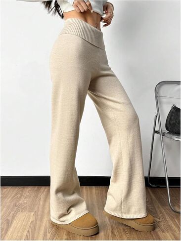 MakeMeChic Women's Flared Leg Pants Elastic Waist Ribbed Knit Bell Bottoms Bootcut Trousers Lounge Pants in Saudi Arabia