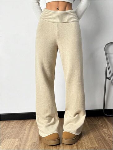 MakeMeChic Women's Flared Leg Pants Elastic Waist Ribbed Knit Bell Bottoms Bootcut Trousers Lounge Pants in Saudi Arabia