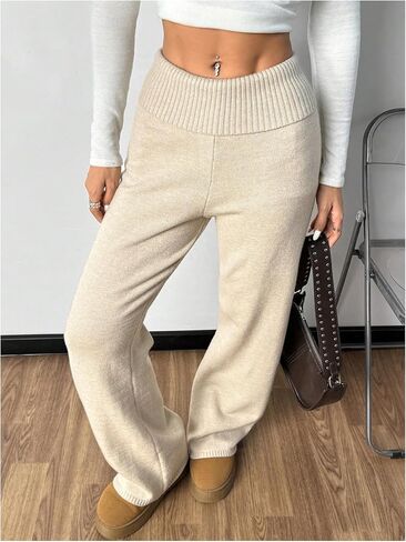 MakeMeChic Women's Flared Leg Pants Elastic Waist Ribbed Knit Bell Bottoms Bootcut Trousers Lounge Pants in Saudi Arabia