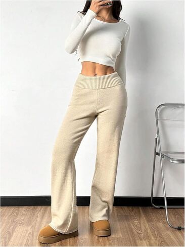 MakeMeChic Women's Flared Leg Pants Elastic Waist Ribbed Knit Bell Bottoms Bootcut Trousers Lounge Pants in Saudi Arabia