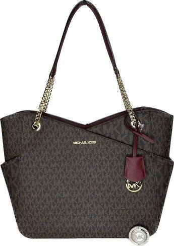 Michael Kors Jet Set Travel Large Chain Shoulder Tote bundled Purse Hook (Signature MK Brown/Dark Cherry) in Saudi Arabia