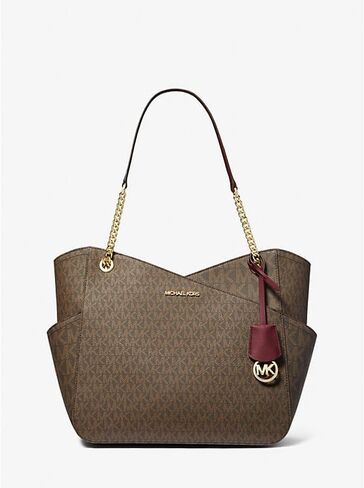 Michael Kors Jet Set Travel Large Chain Shoulder Tote bundled Purse Hook (Signature MK Brown/Dark Cherry) in Saudi Arabia