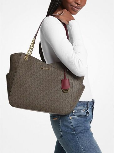 Michael Kors Jet Set Travel Large Chain Shoulder Tote bundled Purse Hook (Signature MK Brown/Dark Cherry) in Saudi Arabia
