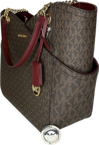 Michael Kors Jet Set Travel Large Chain Shoulder Tote bundled Purse Hook (Signature MK Brown/Dark Cherry) in Saudi Arabia