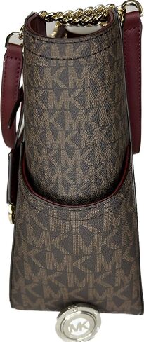 Michael Kors Jet Set Travel Large Chain Shoulder Tote bundled Purse Hook (Signature MK Brown/Dark Cherry) in Saudi Arabia
