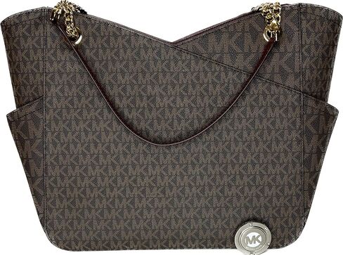 Michael Kors Jet Set Travel Large Chain Shoulder Tote bundled Purse Hook (Signature MK Brown/Dark Cherry) in Saudi Arabia