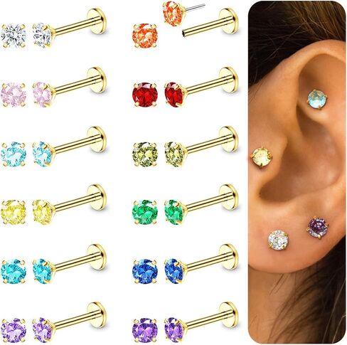 ORAZIO Push In Stud Earring,Surgical Steel Flat Back Earrings for Women 20G Threadless Earring Gold Silver Flat Back Earrings Push In,Hypoallergenic CZ Cartilage Helix Tragus Conch Labret Earrings Set in Kuwait
