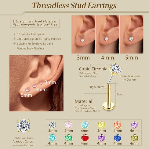 ORAZIO Push In Stud Earring,Surgical Steel Flat Back Earrings for Women 20G Threadless Earring Gold Silver Flat Back Earrings Push In,Hypoallergenic CZ Cartilage Helix Tragus Conch Labret Earrings Set in Kuwait