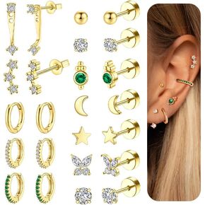 CASDAN 14K Dainty Gold Flat Back Earrings for Women Hypoallergenic Cartilage Earrings for Sensitive Ears 20G Surgical Steel Stud Earrings for Multiple Piercing Small Hoop Flatback Stud Earrings Set