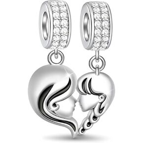GNOCE [2 Pack Mother and Daughter Charms for Bracelet/Necklace 925 Sterling Silver Mom Love Heart Dangle Charms for Women Mom Mother's Day Gift