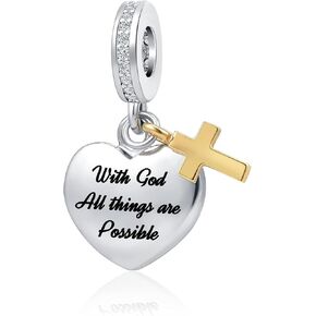 Religious Cross Charms for Pandora Bracelet and Necklace Women With God All things are Possible Heart Bead, Silver,Gold,Black (DMY020)