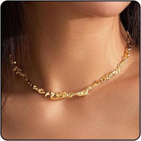 Statement Liquid Metal Choker Necklace for Women, Unique Chunky Irregular Geometric Metallic Choker 14K Gold Charm Abstract Punk Party Neck Jewelry Gifts
