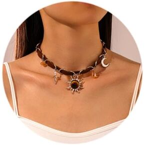 Vinzar Boho Sun Pendant Necklace Brown Leather Necklace Silver Moon Star Choker Necklace Crystal Stone Collar Necklace for Women