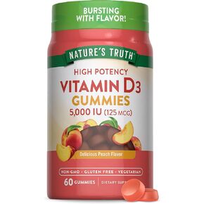 Nature's Truth Vitamin D3 Gummies | 5000 IU | 60 Count | Peach Flavor | Vegetarian, Non-GMO & Gluten Free Supplement