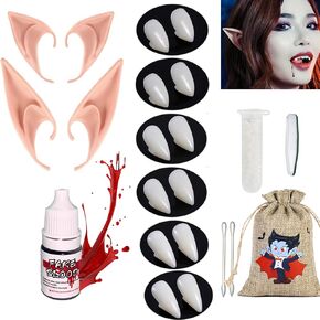 Vampire Fangs (3 Pairs 3 Sizes) & Vampire (Elf) Ears (2 Pairs 2 Sizes) & Fake Blood Halloween Party Cosplay Costume Accessories-Party Favors Gift bag