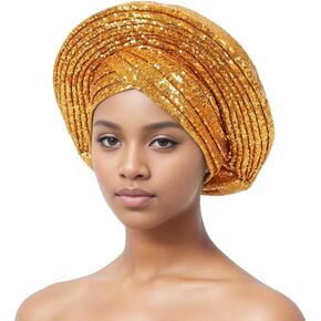 SYANKANGXIAO African Auto Gele Turban Cap for Women Ready to Wear Nigeria Sequins Shiny Headtie Wedding Headwraps