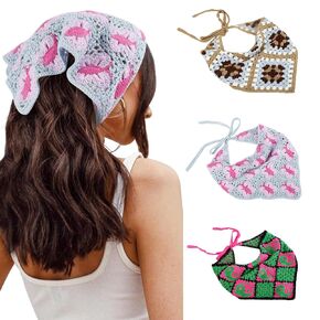 3PCS Crochet Bandanas for Women Knitted Head Scarf Triangle Floral Cute Kerchief