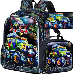 AGSDON 3PCS Kids Backpack for Boys, Trucks Bookbag with Lunch Box for Kids 6-8 Preschool Kindergarten Elementary