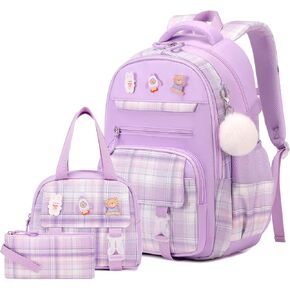 3PCS Girls Backpack, School Backpack for Girls with Lunch Box, Pencil Case, Cute Kawaii Plaid Book Bag for Girls Kindergarten Elementary Preschool Middle High School
