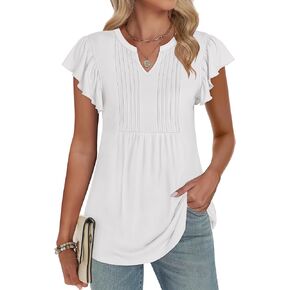 Caracilia Women's Business Casual Tops V Neck Ruffle Short Sleeve Pleated Tunic Shirts Dressy Work 2025 Summer Blouses