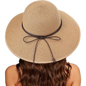 Surblue Women Straw Hat with Chin Strap Wide Brim Summer Beach Hat Sun Hats Foldable Packable Travel Bucket Hat