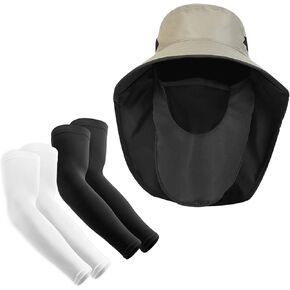 UV Sun Protection Set for Men & Women, Including Sun UV Protection Cooling Arm Sleeves and Fishing Hat - Wide Brim Hat with Face Cover and Neck Flap Khaki in Kuwait