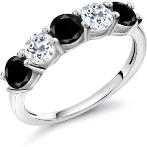 Gem Stone King 925 Sterling Silver Black Diamond and White Topaz Wedding Band Ring For Women (0.94 Cttw, Round 3.5MM, Gemstone April Birthstone, Available In Size 5, 6, 7, 8, 9)