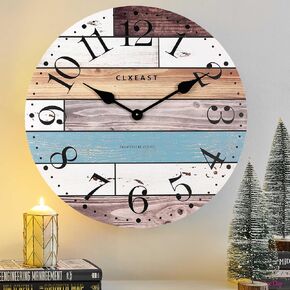 CLXEAST 24 Inch Multicolor Woodgrain Shiplap Wall Clocks for Living Room Decor, 24 Inch Large Farmhouse Wall Clock,Coastal Beach Nautical Wall Clock