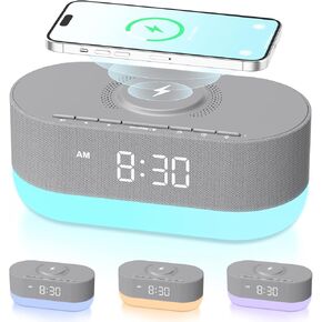 HOUSBAY 3-in-1 Alarm Clock Radio & Wireless Charger & Bluetooth Dual Speaker, 10W Charging Station for iPhone/Samsung, Dimmable Bedside Night Light, Soft Alarm, FM Radio Clock for Bedroom - Wood Tone