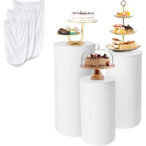 3Pcs Cylinder Stands for Party White Round Pedestal Stand (with 3pcs Spandex Cloth Cover) for Birthday Wedding Party Outdoor Indoor Decor (White)