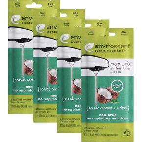 Enviroscent Autos-Sticks: Natural Car Air Freshener - Long-Lasting, Eco-Friendly, Non Toxic Hanging Air Freshener (Seaside Coconut + Verbena, 4 Packs)