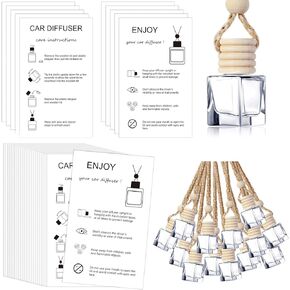 Boao 50 Sets Hanging Car Air Freshener Car Diffuser Bottles with 2 x 3.54 Inch Car Diffuser Instructions Cards for Empty Car Essential Oil Diffuser Bottles(Cylindrical,White Card)