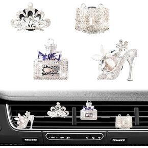 4PCS Bling Car Air Freshener Vent Clip, Crystal Diamond High Heel Shoe Bag Crown Perfume Bottle Car Diffuser Vent Clip Cute Car Bling Accessories Decoration for women (Gold)